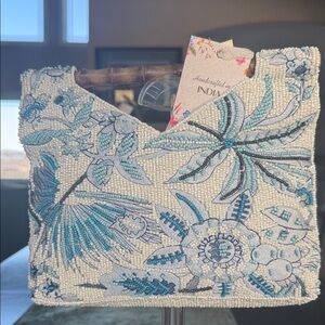 Floral Beaded Handbag - Blue and White
